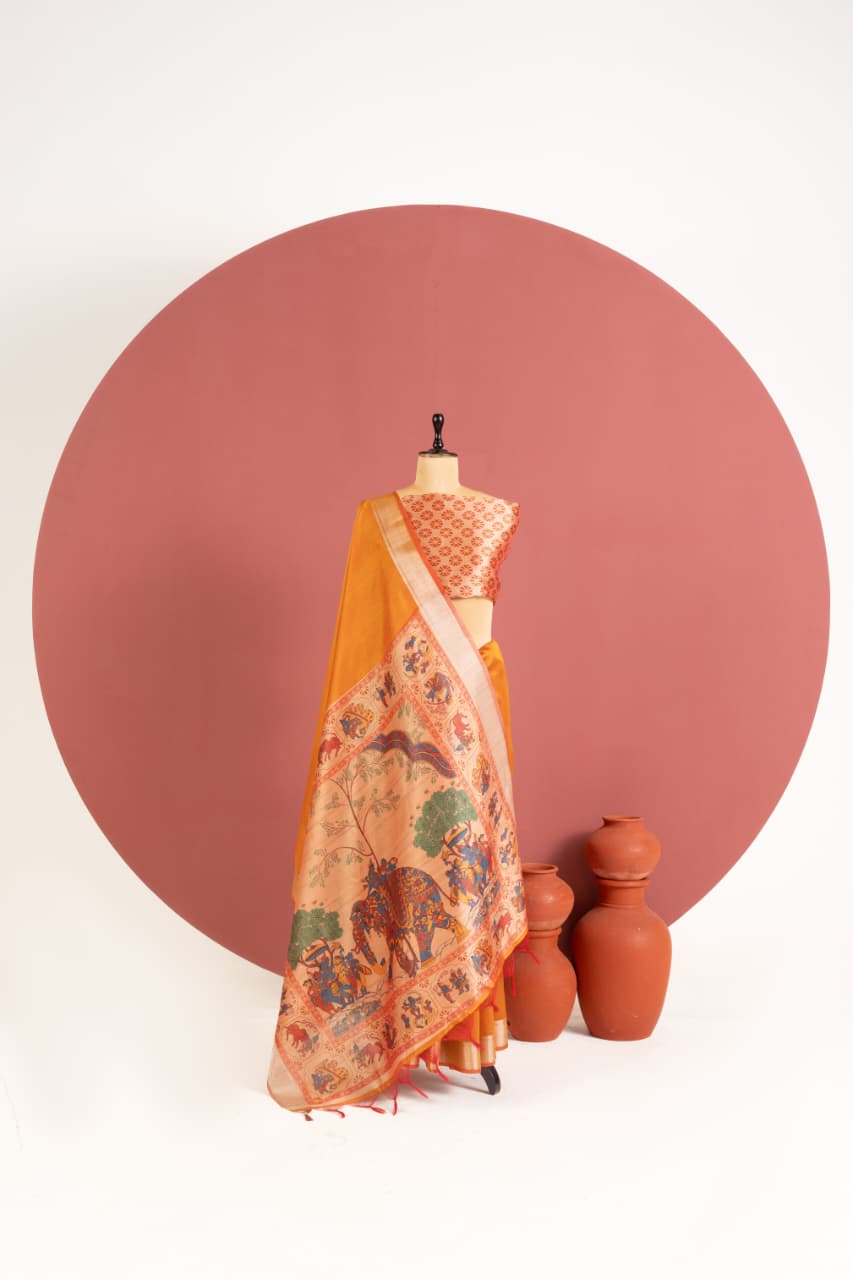 Deep Maroon Soft Khadi Raw Silk Kalamkari Saree
